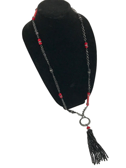 Black Beaded 35" Strand Necklace Red Accents Tassel 6.5" Dramatic