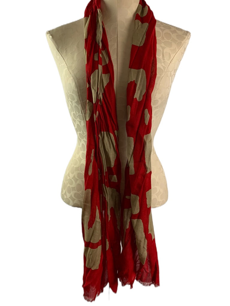 Lightweight Scarf Raw Edge Red Tan Print 18" x 74"