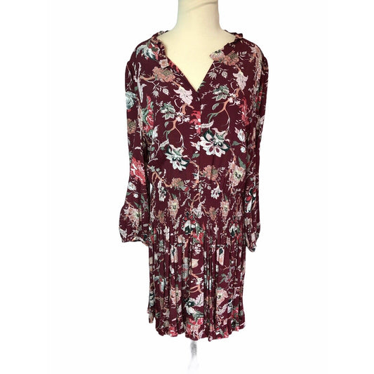 Large ‘a Loves a’ Floral Bordeaux Dress Elastic Waist Buttons Long Sleeve Boho
