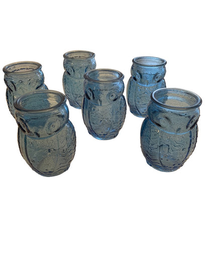 Set of 6 Vintage Blue Glass Owl Juice Glasses 3"h x 1 3/4" top diameter