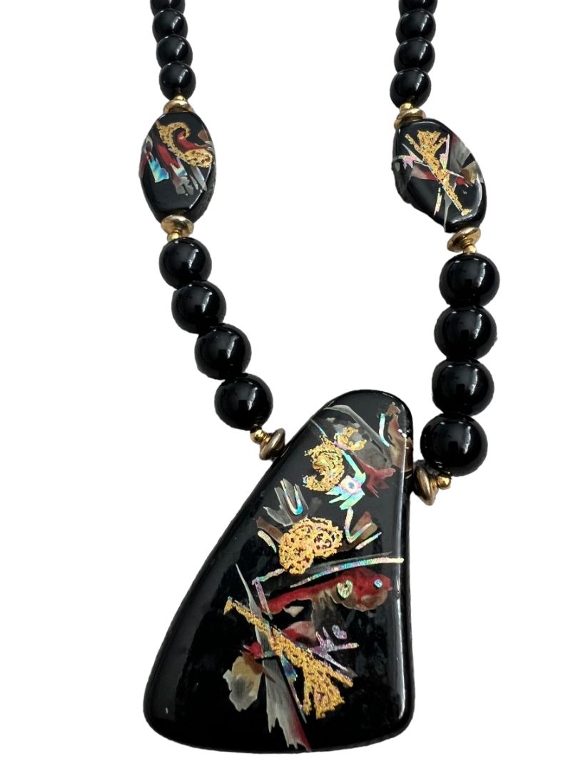 Handpainted Black Lacquer Oriental Wooden Pendant Necklace 22" Long