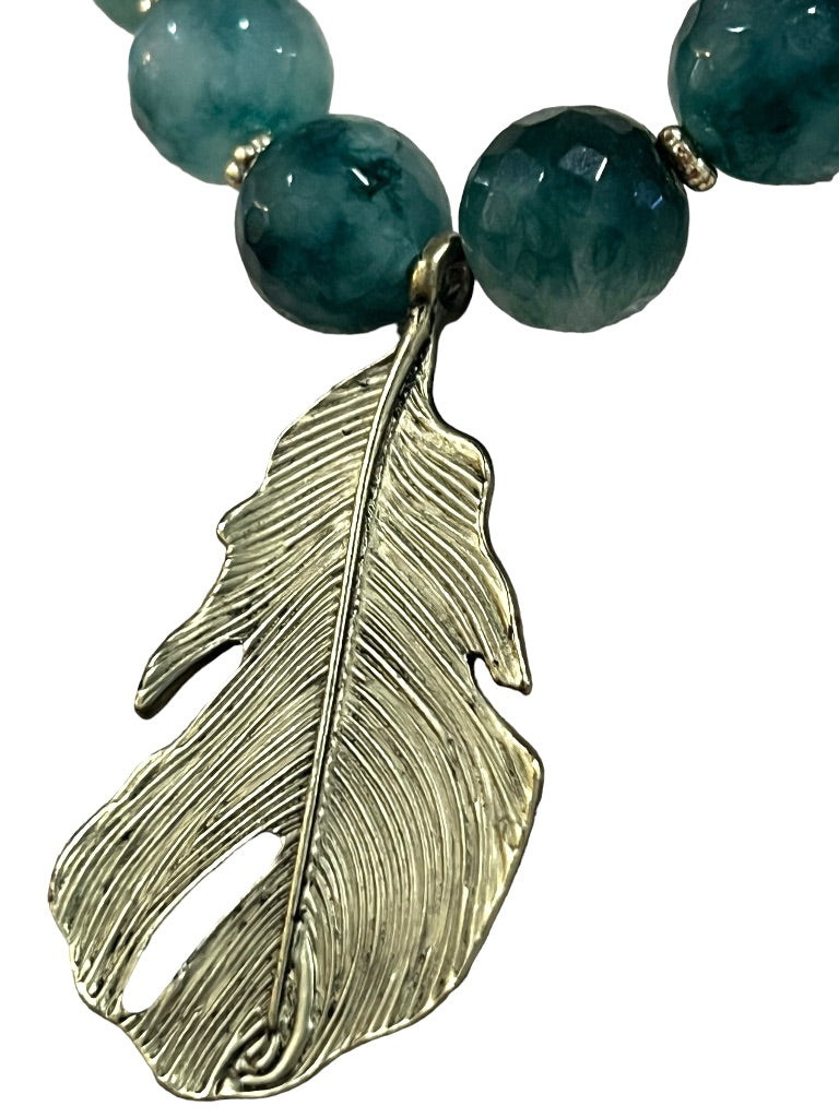 Blue Fluorite Stone Goldtone Leaf Necklace Velvet Tie Adjustable 36"