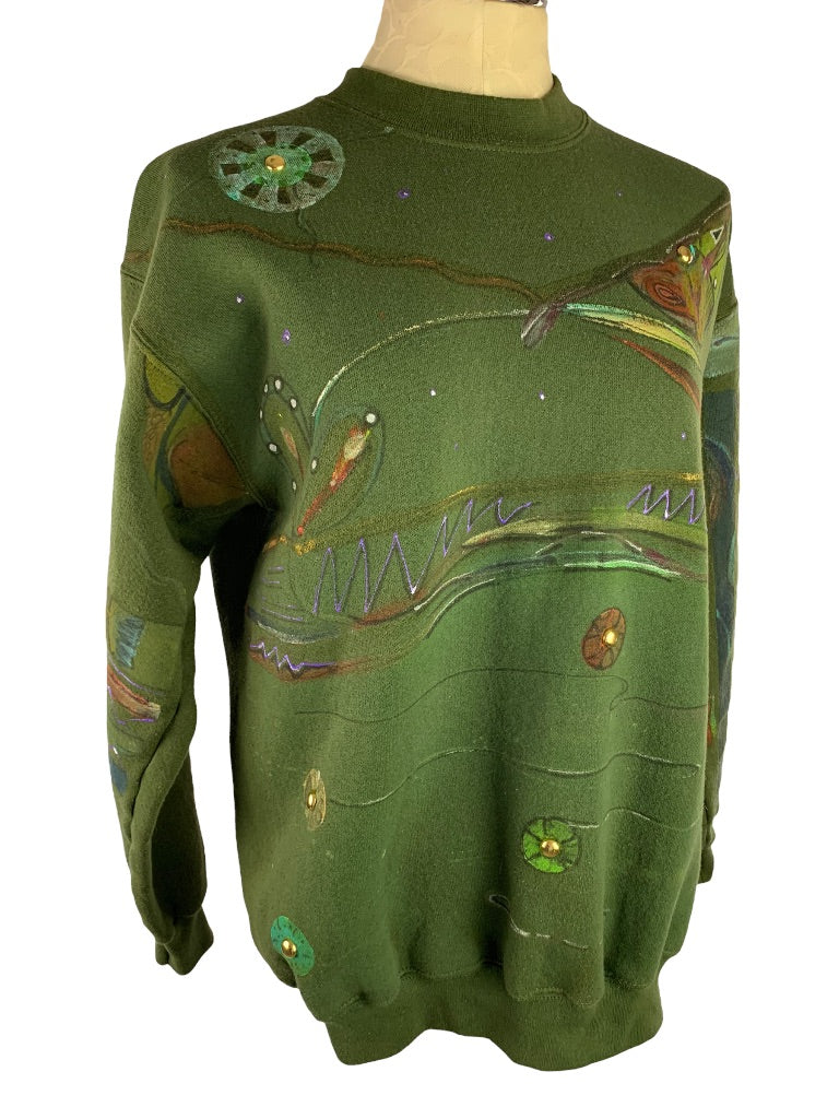 Medium Franklin Olive Green Sweatshirt Painted Signed "Watson" Embellished