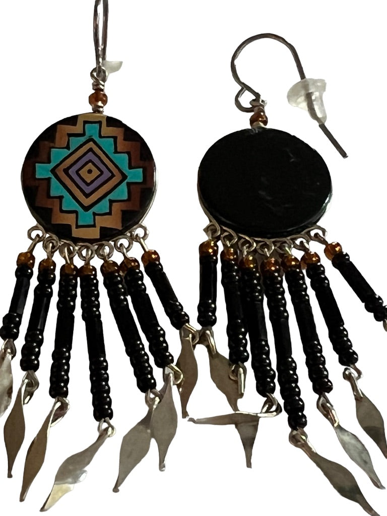 Tribal Painted Seed Bead Dangle Earrings