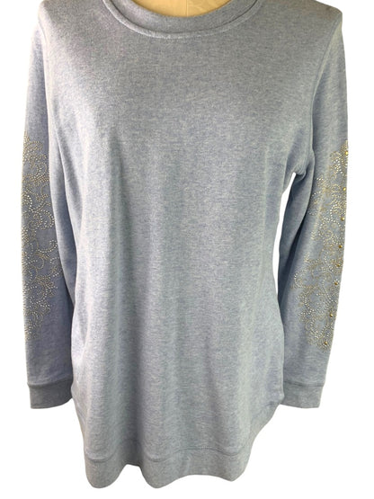 Medium DG2 by Diane Gilman Women's Heather Blue Embellished Sleeve Sweatshirt Pullover