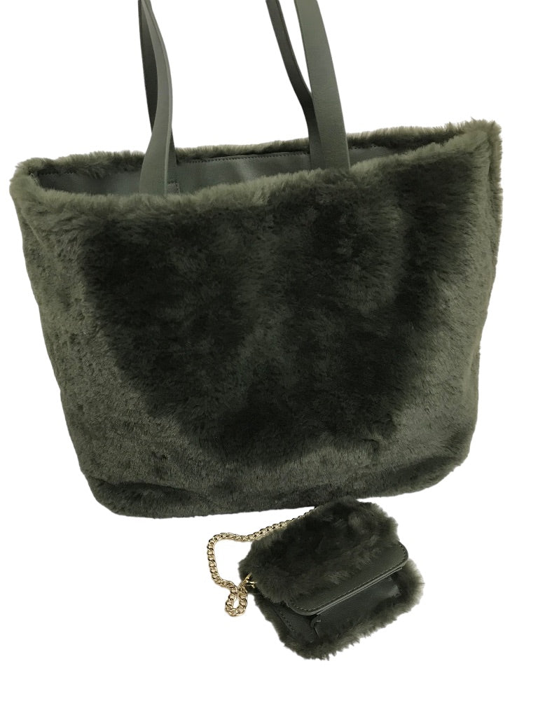 Aspen Plush Faux Fur Tote Bag Forest Green Attached Wallet Change Purse