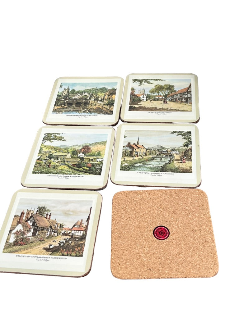 Pimpernel English Villages 4.25x4.25 Coasters Cork Bottom With Box