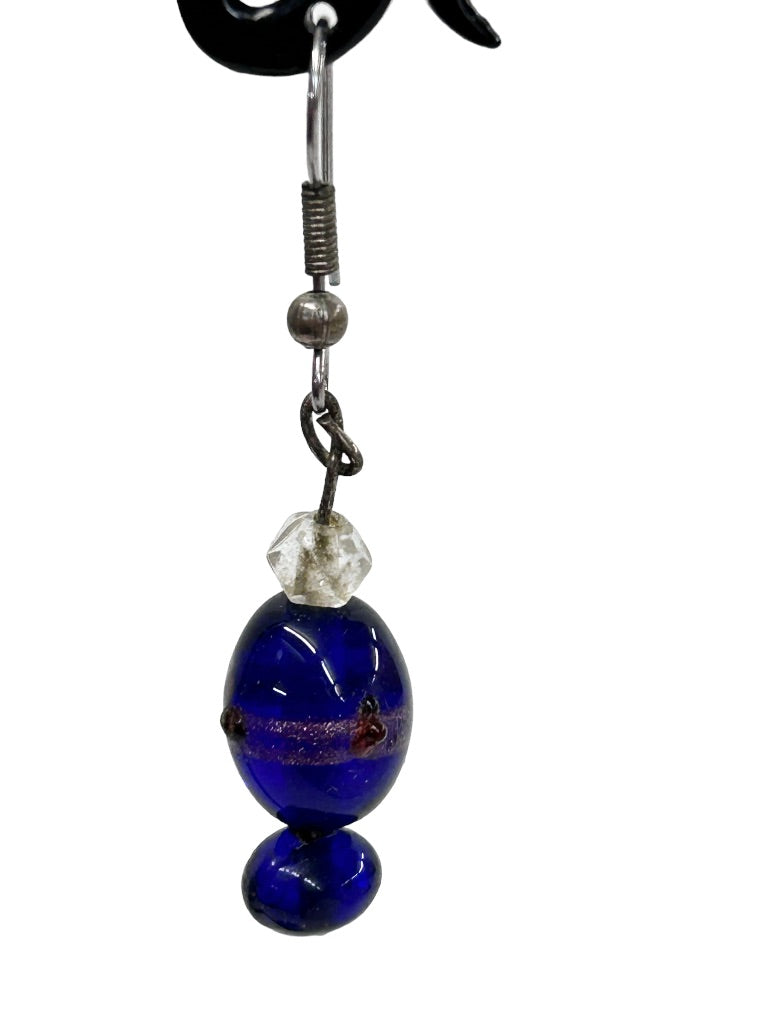 Blue Glass Beaded Earrings Pierced Hook 2" Drop Dangle Silvertone Hook