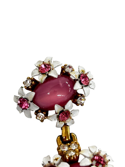 Midcentury Pendant Faux Pink Stone Enameled Daisies 2 Tier 2 Inch Drop