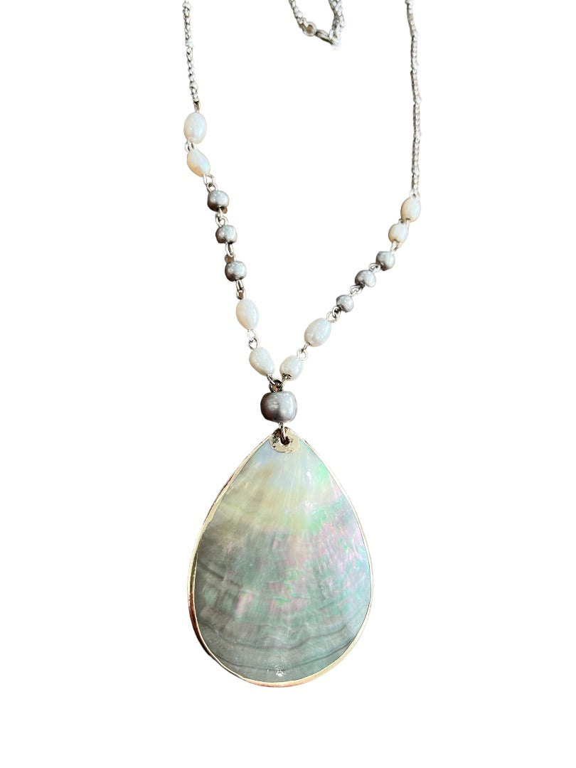 J. Jill Abalone and Pearl Pendant Mixed Metal Necklace  Long 34" + 2"