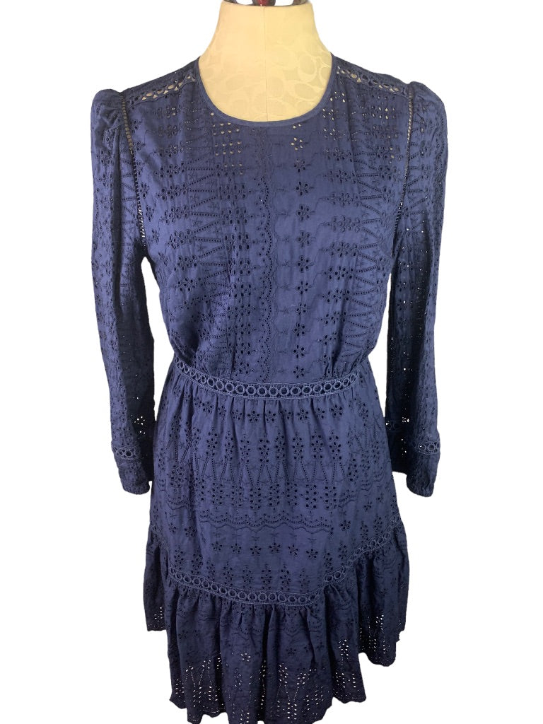 4 J.Crew Navy Blue Eyelet Flutter Hem Dress Long Sleeve H5957