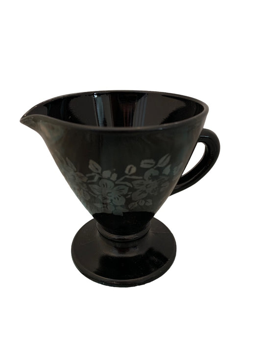 Vintage Black Glass Hazel-Atlas Floral Sterling Pedestal Creamer