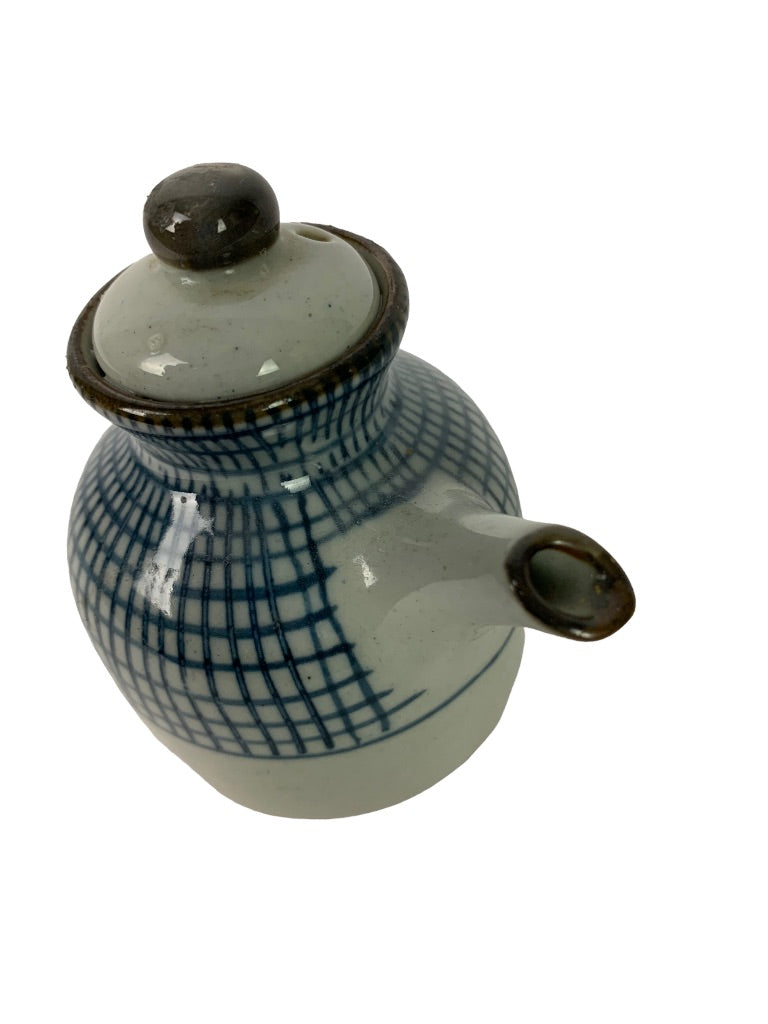 Lidded Soy Sauce Pot Pitcher Ceramic Gray Blue 4"h x 3.5" w