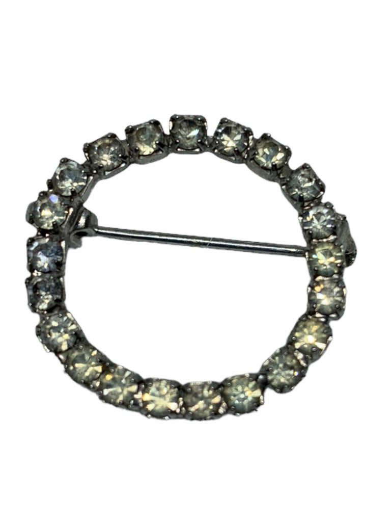 Vintage Petite Rhinestone Circle Brooch Pin 3/4" Diameter Silvertone