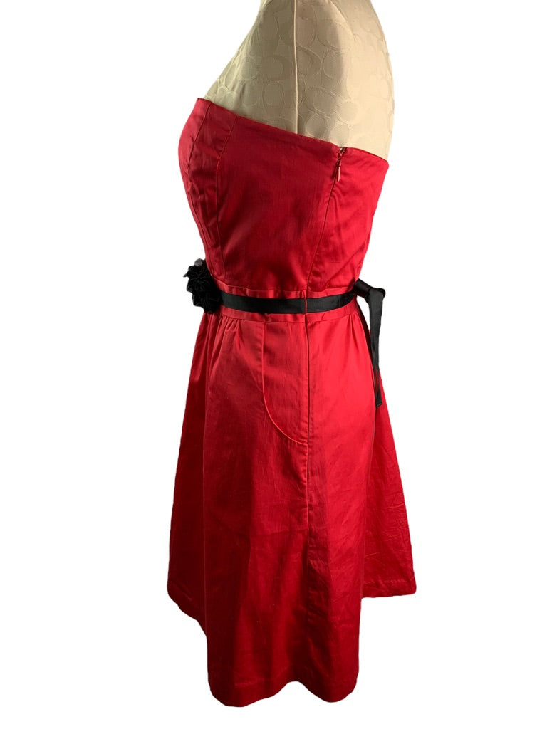 6 The Limited Strapless Red Dress Pockets Black Grosgrain Rosette Belt