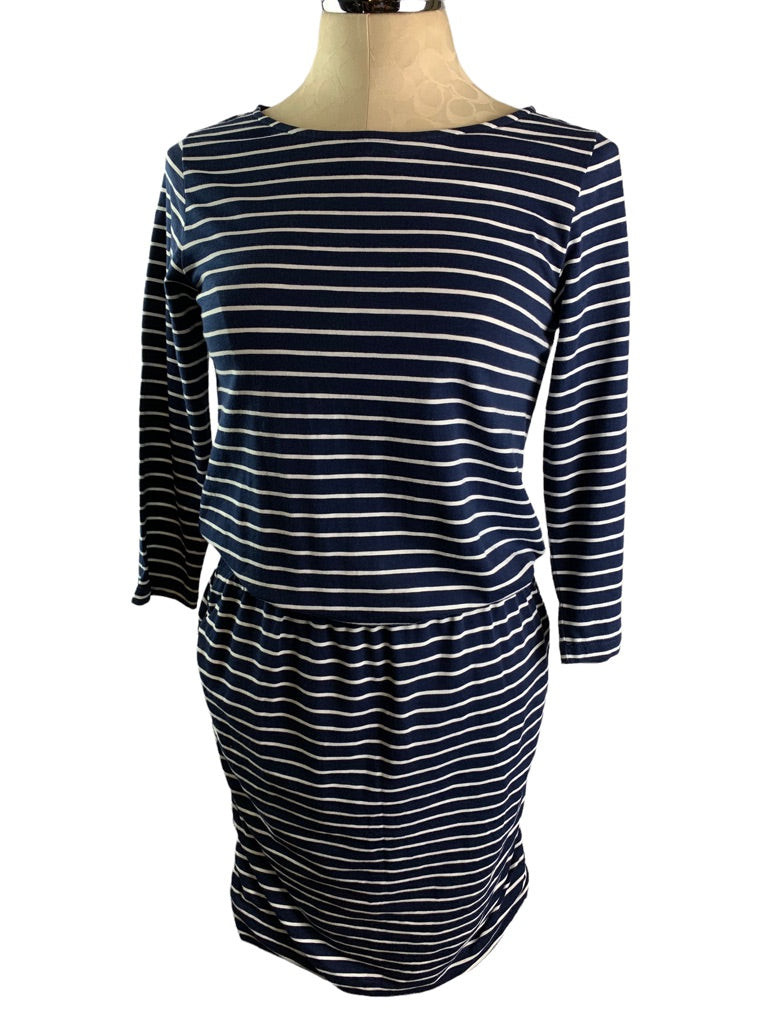 Small Hatley Blue White Striped Jersey Knit Pullover Dress Rouched Sides