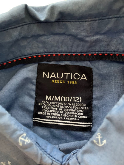 Medium (10/12) Nautica Boys Youth Long Sleeve Blue Button Down Anchor Print