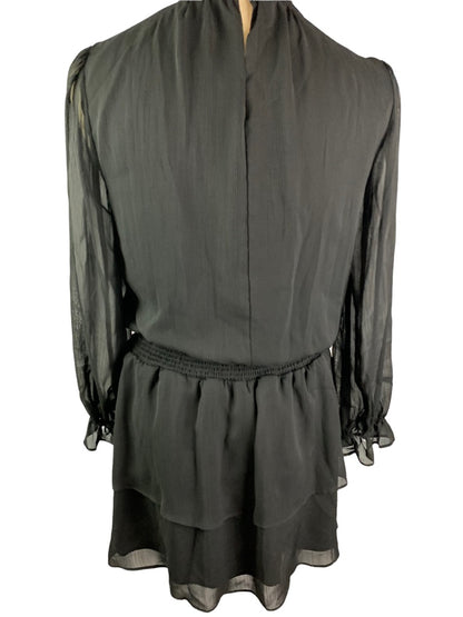 Small Express Black Blouson Sheer Long Sleeve Dress Collar