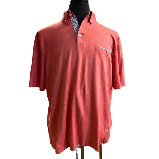 XL Men's Thomas Dean Short Sleeve Polo Shirt Coral Plaid Accent Trim