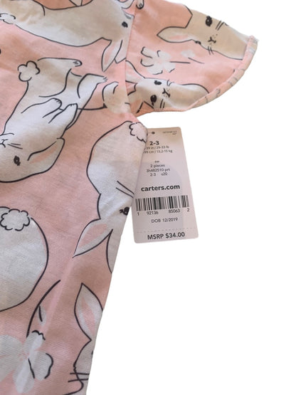 2-3 Carter's Girls Set of 2 New Bunny Nightgowns Easter Pink Gray Short Sleeve