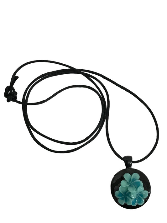 Black Satin Cord Necklace Acrylic 1" Pendant Turquoise Flowers