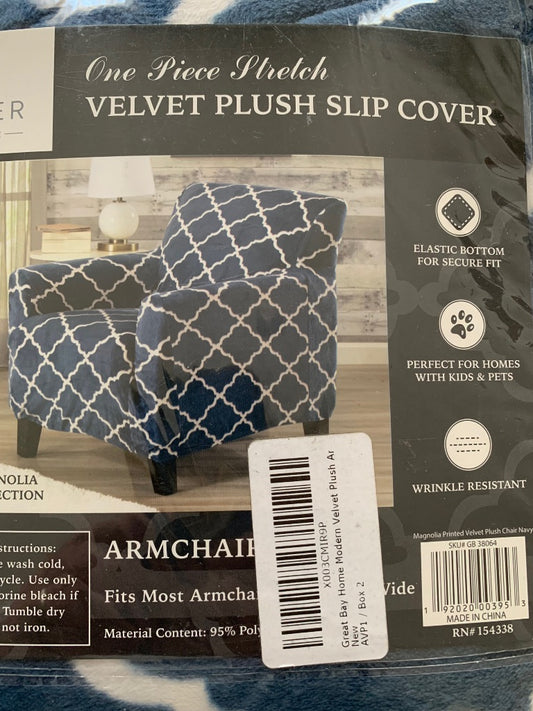 Sofa Saver One Piece Stretch Velvet Plus Slip Cover Armchair up to 43" Wide Blue White