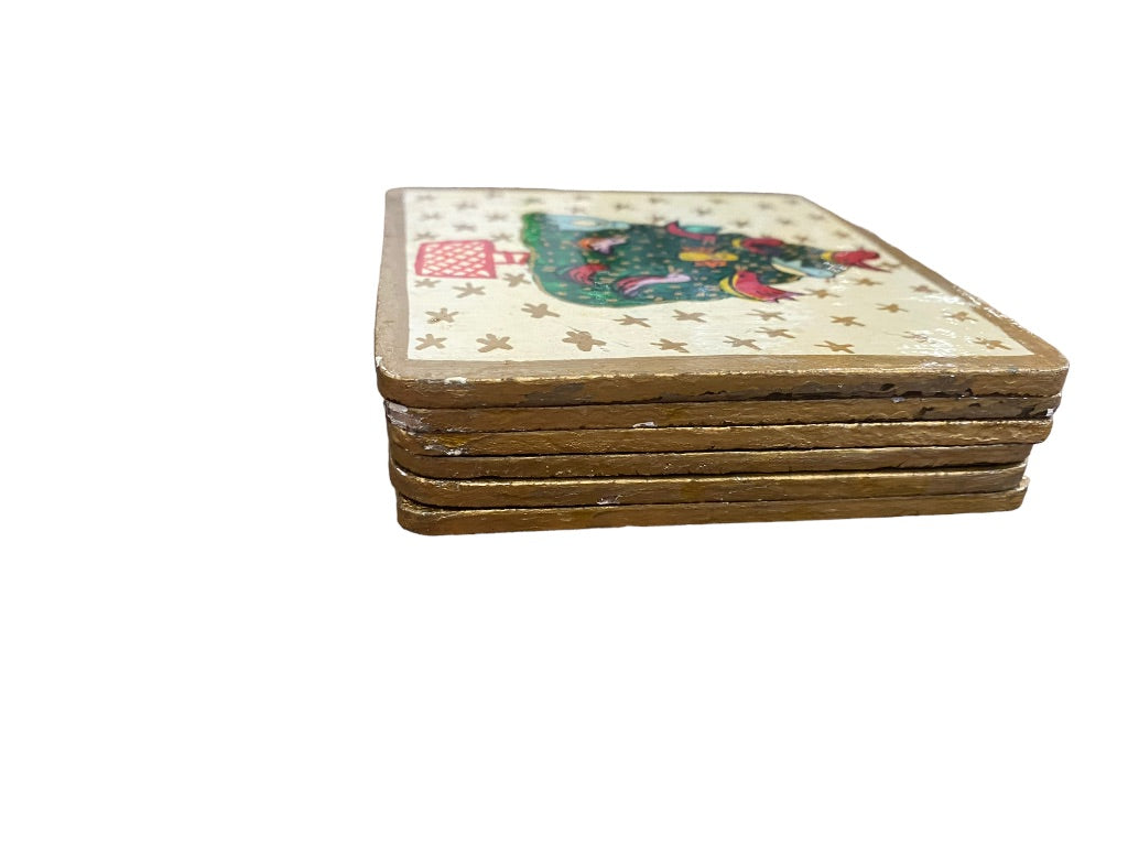 Foreside Painted Christmas Coasters Wooden Glossy Glaze With Box