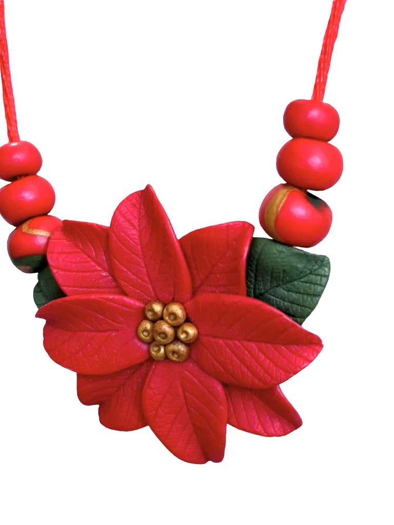 Handmade Polymer Clay Poinsettia Cord Necklace Adustable