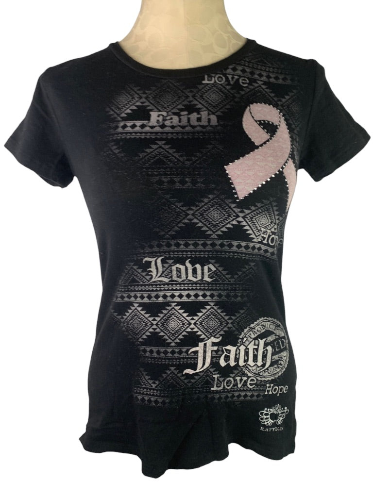 Small Katydid Women's Fitted Black Tshirt Pink Ribbon Tshirt