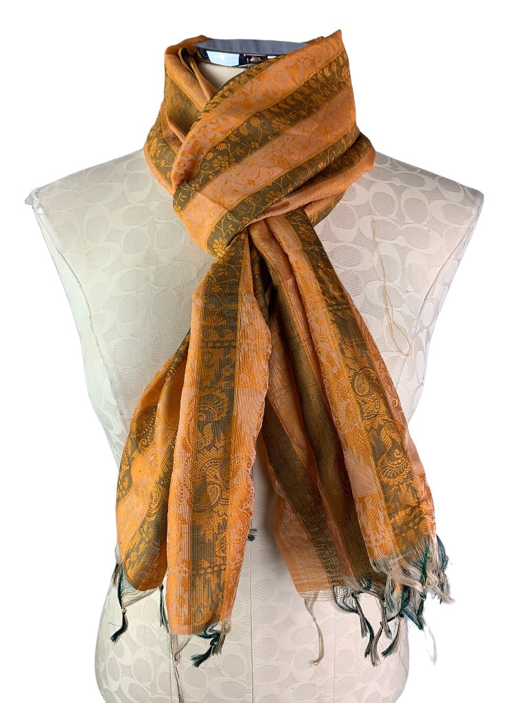 Orange Brown Stripe Fringed Shawl Scarf Lightweight 21" x 67" Floral