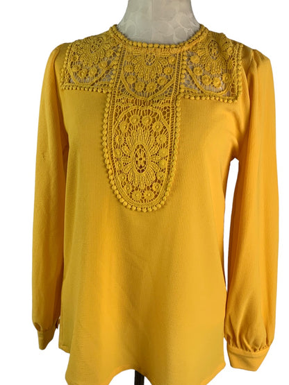 XS Halogen Gold Yellow Lace Detail Women's Blouse Long Sleeve Pullover