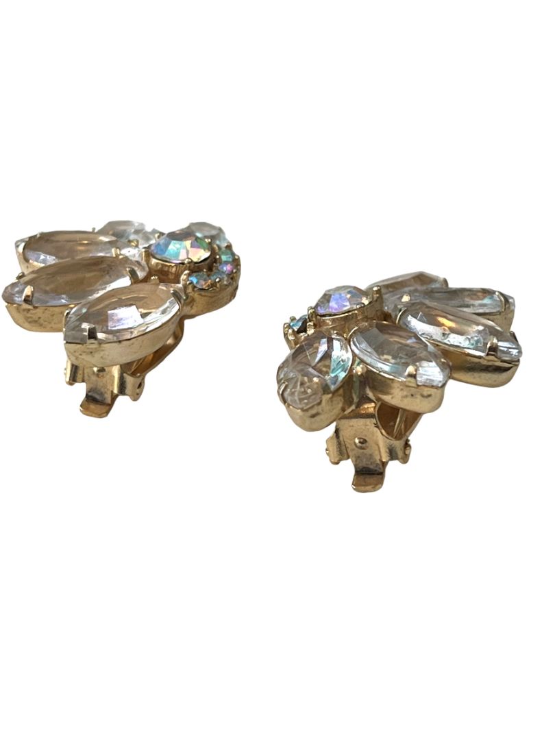 Vintage Rhinestone Glass Clip On Earrings Evening Formal Elegant Goldtone