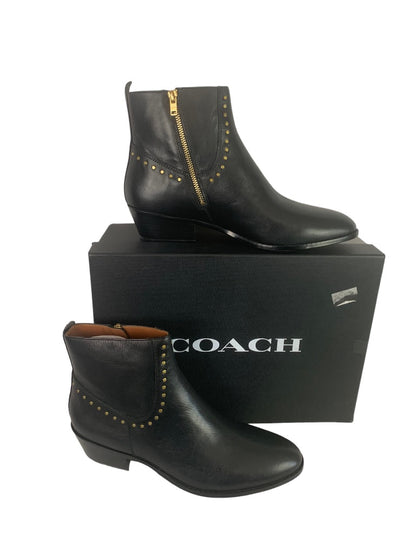 Size 11 Coach Eva Stacked Heel Women's Booties Black Leather Studded G2865