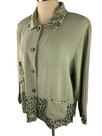 Large A. Spence Women's Sage Green Vintage Button Up Collared Blouse Shoulder Pads