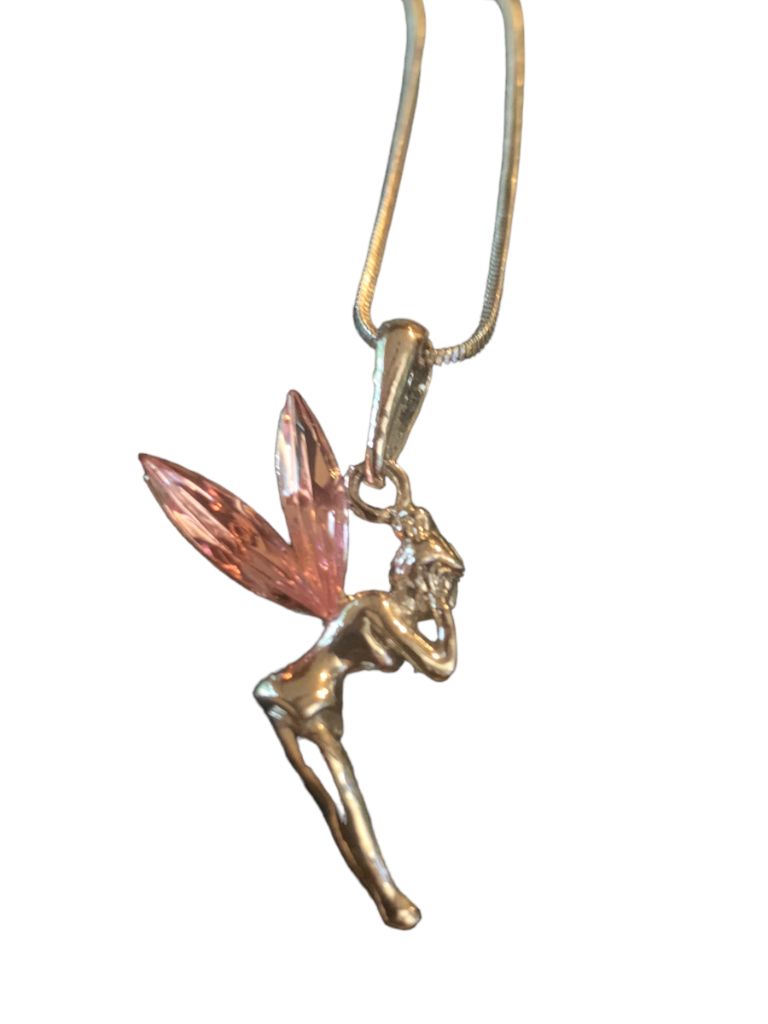 Silvertone Fairy Pendant 15.5" Chain Necklace Pink Jewel Wings 1.5" Pendant