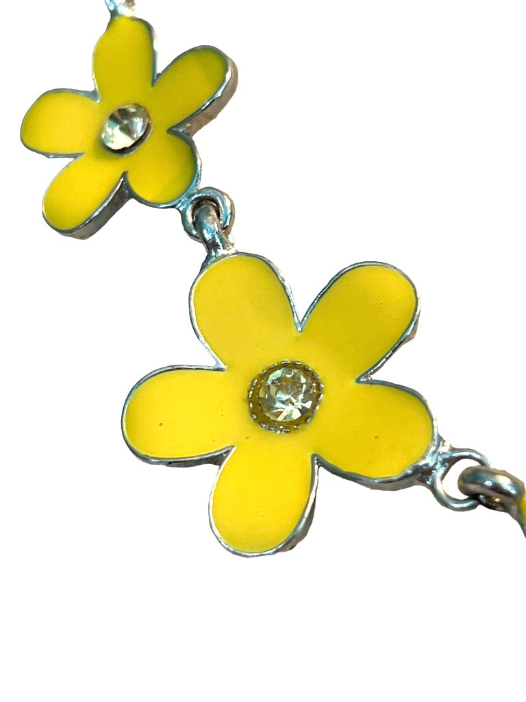 Silvertone Daisy Necklace Earring Set Yellow Enamel 21" - 24"