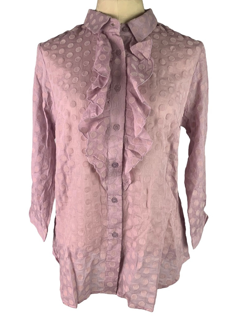 Medium Isaac Mizrahi Live! Sheer Lilac Flock Dot Ruffle Front Button Up