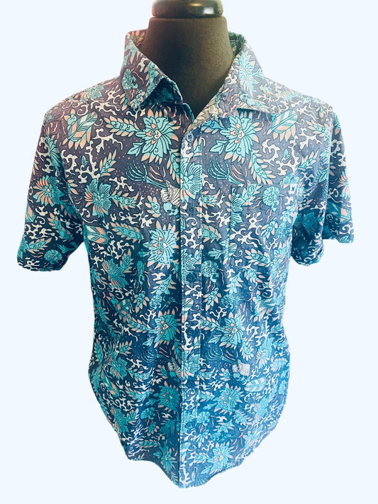 Large Hurley Floral Blue Pink Floral Short Sleeve Button Down Shirt