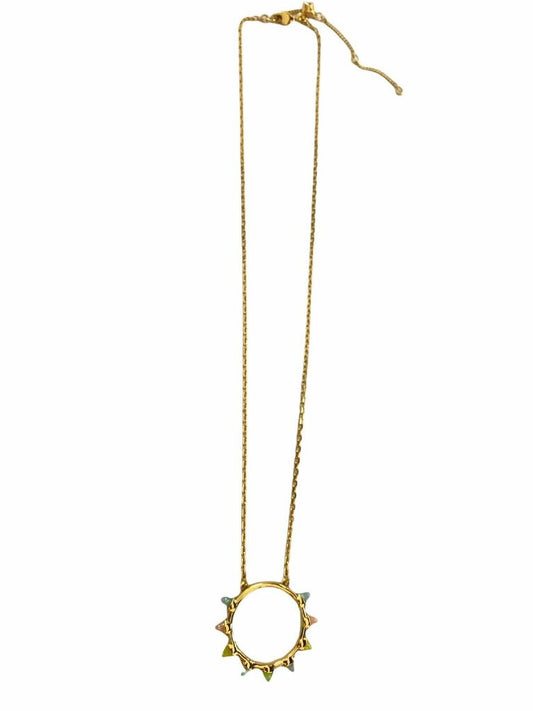 Rebecca Minkoff Gold Tone Round Circle Pendant Pastel Spikes Necklace 18” + 3”