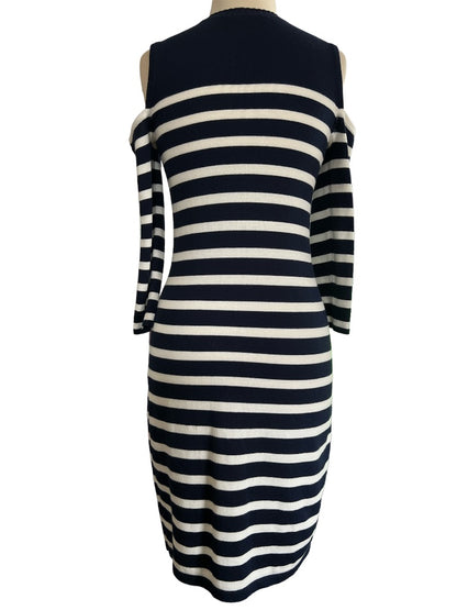 XS Trina Turk Cold Shoulder Sweater Dress Navy White Striped