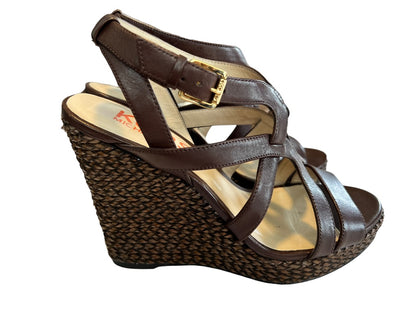 7.5 Kors Michael Kors Brown Wedge Sandal Leather With Braided Raffia Heels