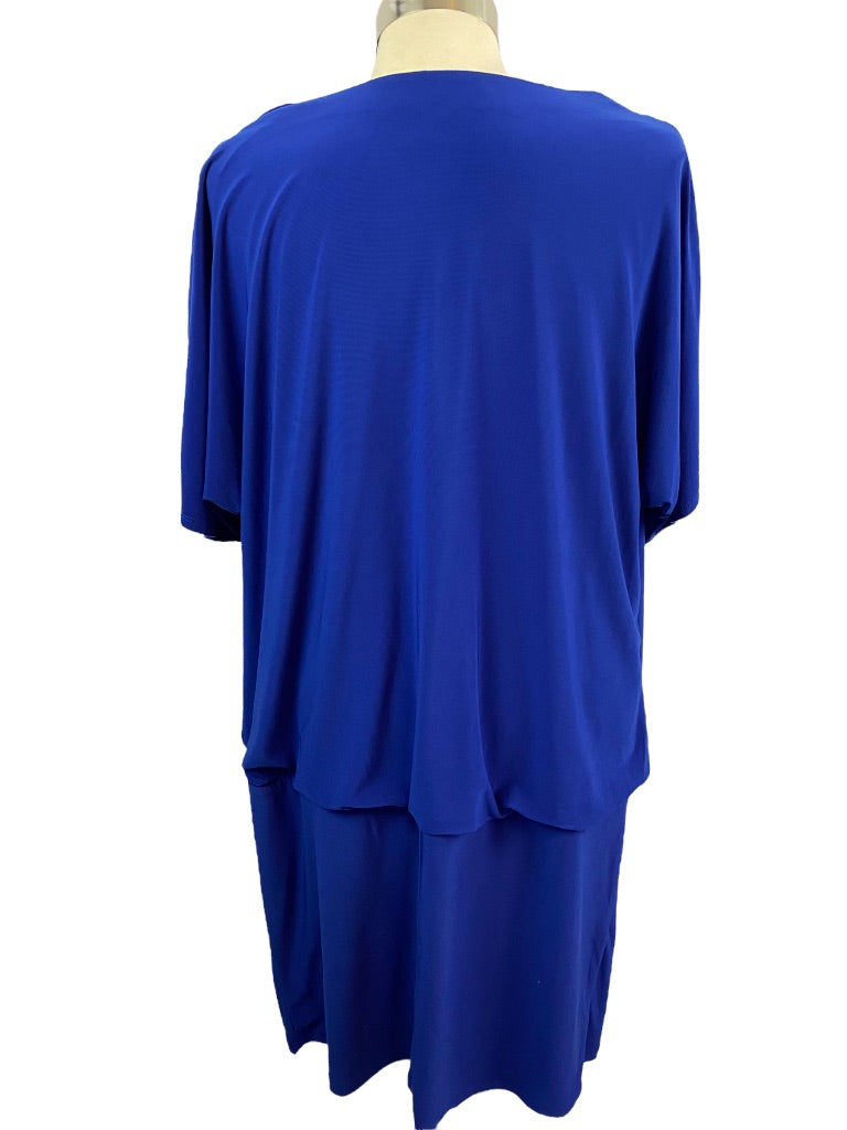 16 Dressbarn Women's Blue Drape Front Pullover Dress Short Sleeve Stretch Fabric