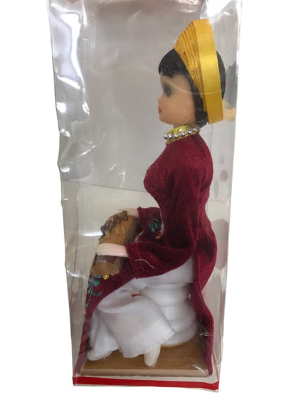 Traditional Vietnam 7" Doll Woman Playing Zither Yellow Hat Sitting