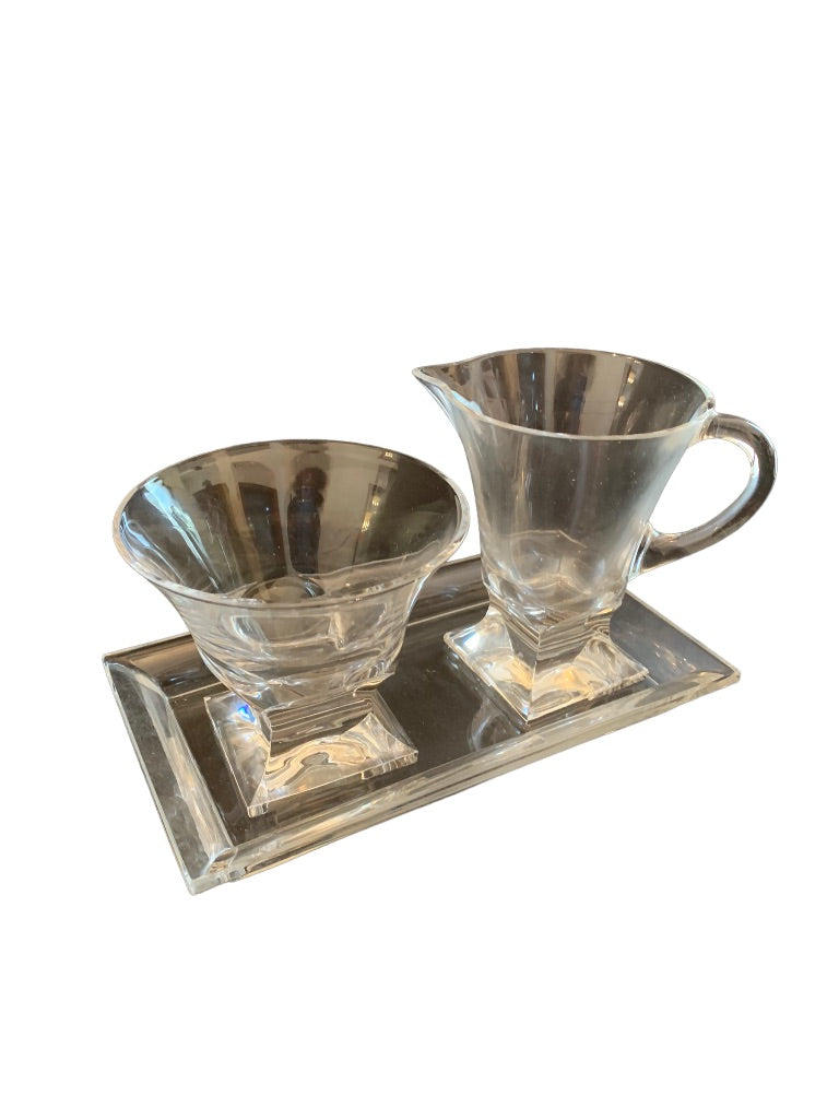 3 Piece Clear Glass Creamer and Sugar Set on Tray