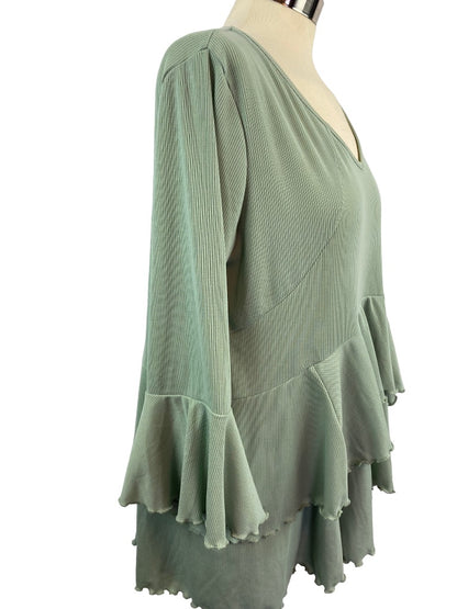 Large Andthewhy Women's Sage Green Pullover Ribbed Knit Top Tiered Ruffle