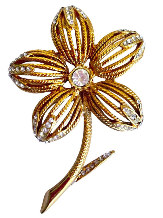 Goldtone and Rhinestone Single Flower on Stem Brooch Filigree 3"