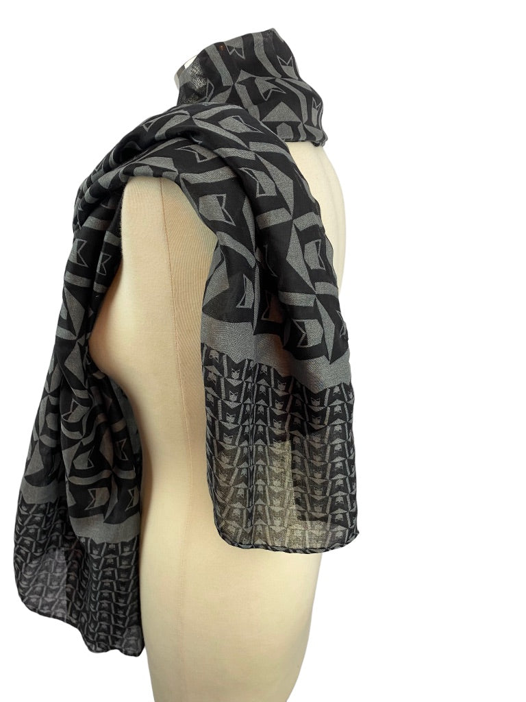 Mephisto Lightweight Black Gray Print Scarf 70 x 28"