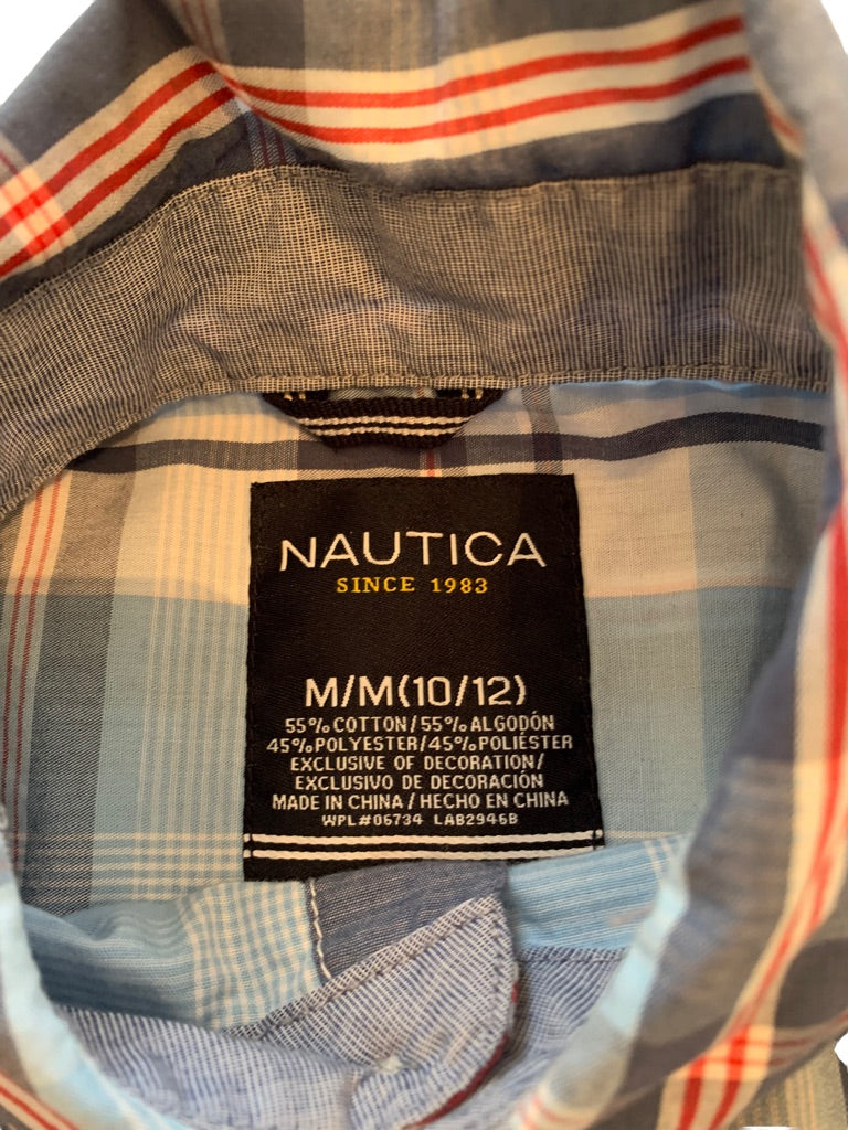 Medium (10/12) Nautica Boys Light Blue Plaid Short Sleeve Button Up