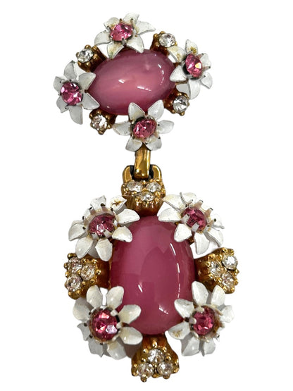 Midcentury Pendant Faux Pink Stone Enameled Daisies 2 Tier 2 Inch Drop