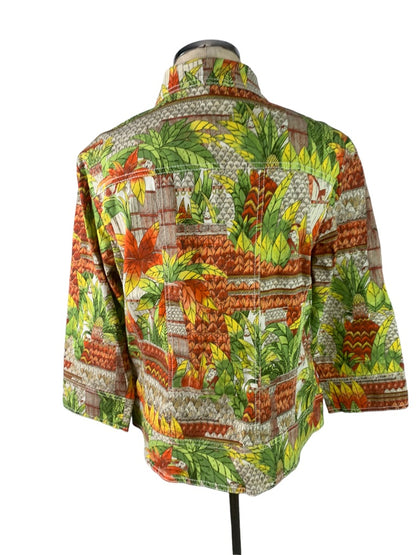 Large Chico's (Size 2) Button Up Collared Jacket Tropical Print Cotton Stretch